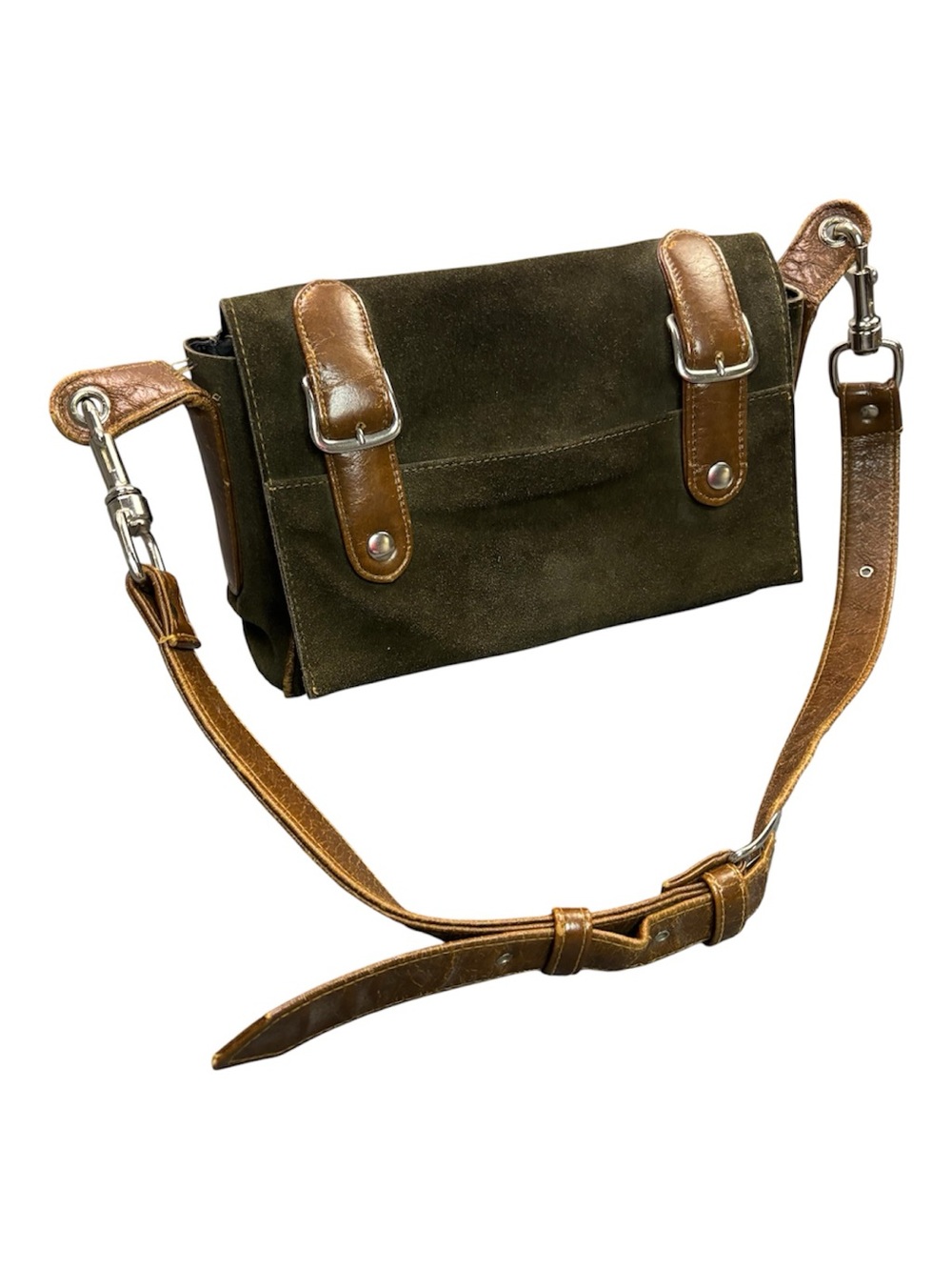 Tano of Madrid Vintage Suede Leather Messenger Bag Green Brown Made in Spain Y2K
